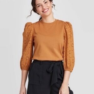 Universal Thread Eyelet Puff Sleeve Cotton Blouse T Shirt M Rust Orange Brown